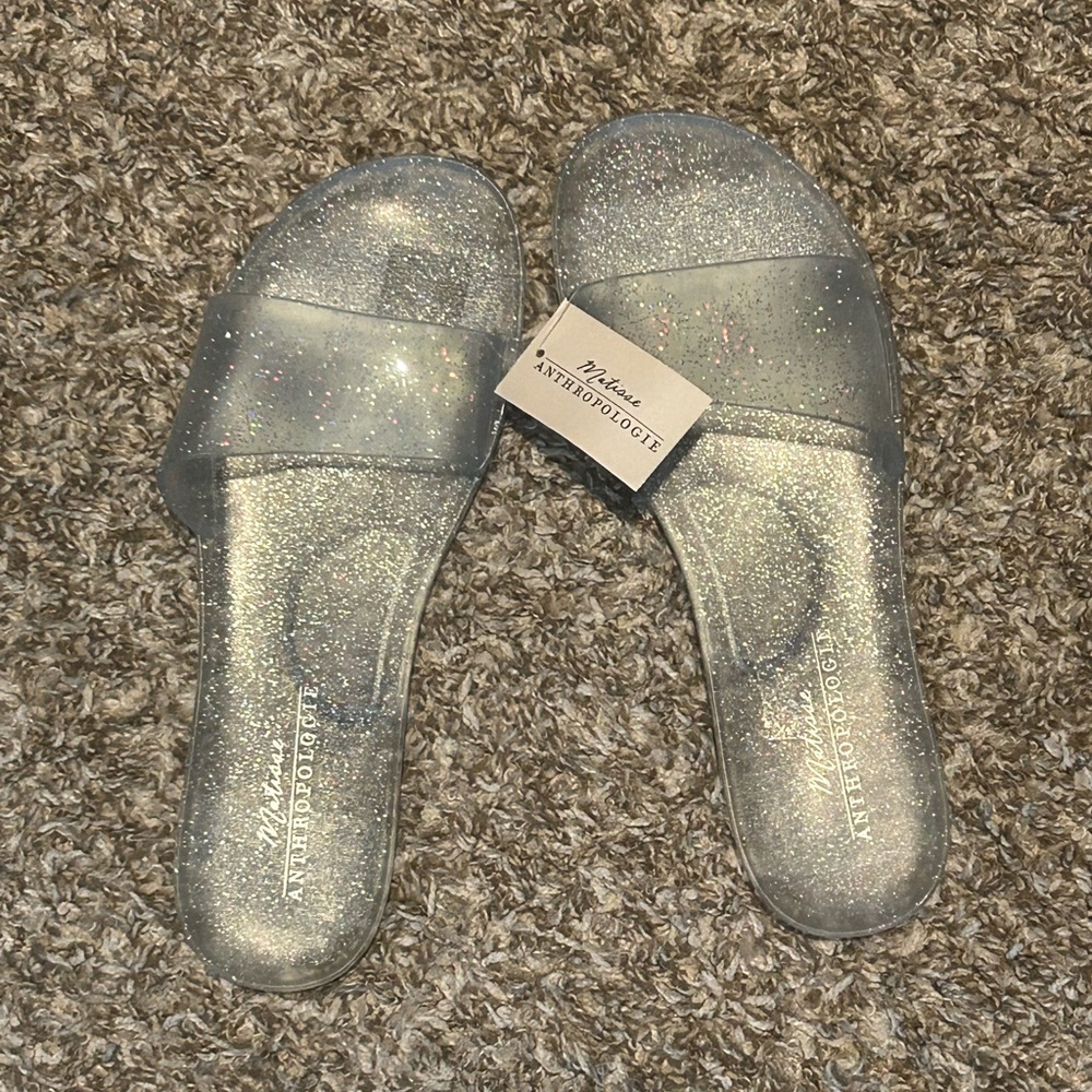 Anthropologie Glitter Slide Sandals - Silver